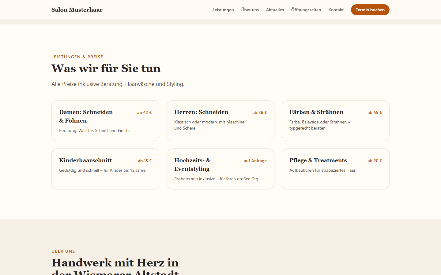 Musterprojekt Friseursalon (fiktiver Betrieb) – Leistungen und Preise